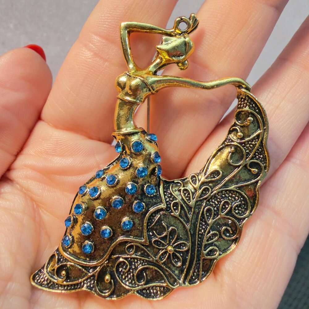 Lady Brooch Dancing Open Metalwork Gold Tone with Rhinestone Accents– 2.75” Tall